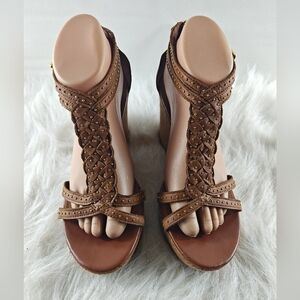 LAUREN Ralph Lauren Quantita Wedge Polo Tan Studded Sandal Women Size size 8B